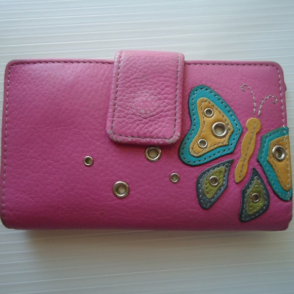 Genuine Leather Pink Wallet Button Butterfly Size-5.5x3 in - Picture 1 of 8
